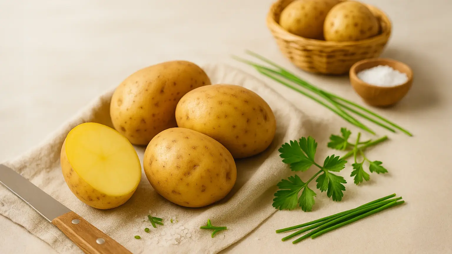 Kartoffeln natürlich verarbeitet – Qualität von Hofbeck Frische Kartoffeln auf Leinentuch mit Schnittlauch, grobem Salz und Messer – gesundes Naturprodukt für die Verarbeitung bei Hofbeck