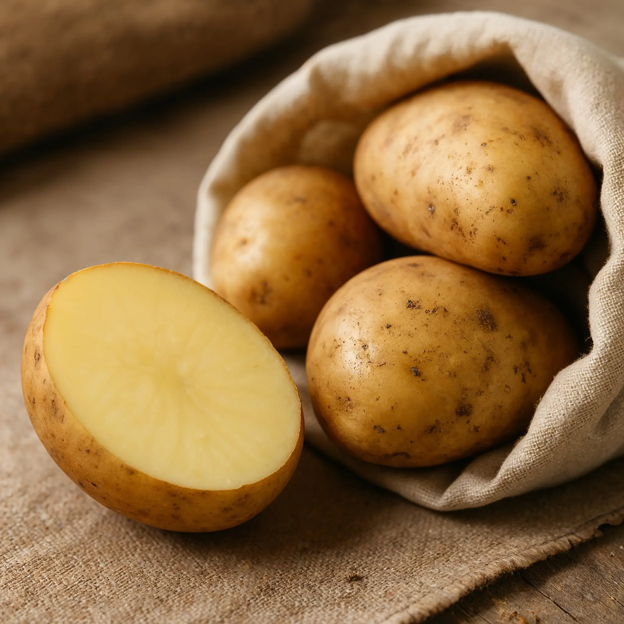 erdapfel-leinenbeutel-regional-frisch-hofbeck Frische Erdäpfel in Leinenbeutel, einer angeschnitten – Nahaufnahme auf Naturstoffuntergrund, natürliches Licht