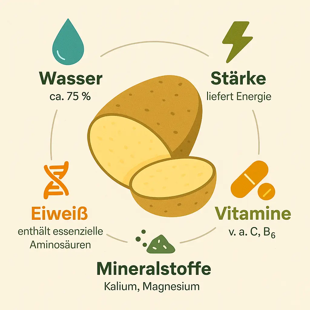 erdapfel-naehrwerte-infografik-hofbeck Infografik mit aufgeschnittener Kartoffel (Erdapfel) und fünf Nährstoff-Icons: Wasser, Stärke, Eiweiß, Vitamine und Mineralstoffe