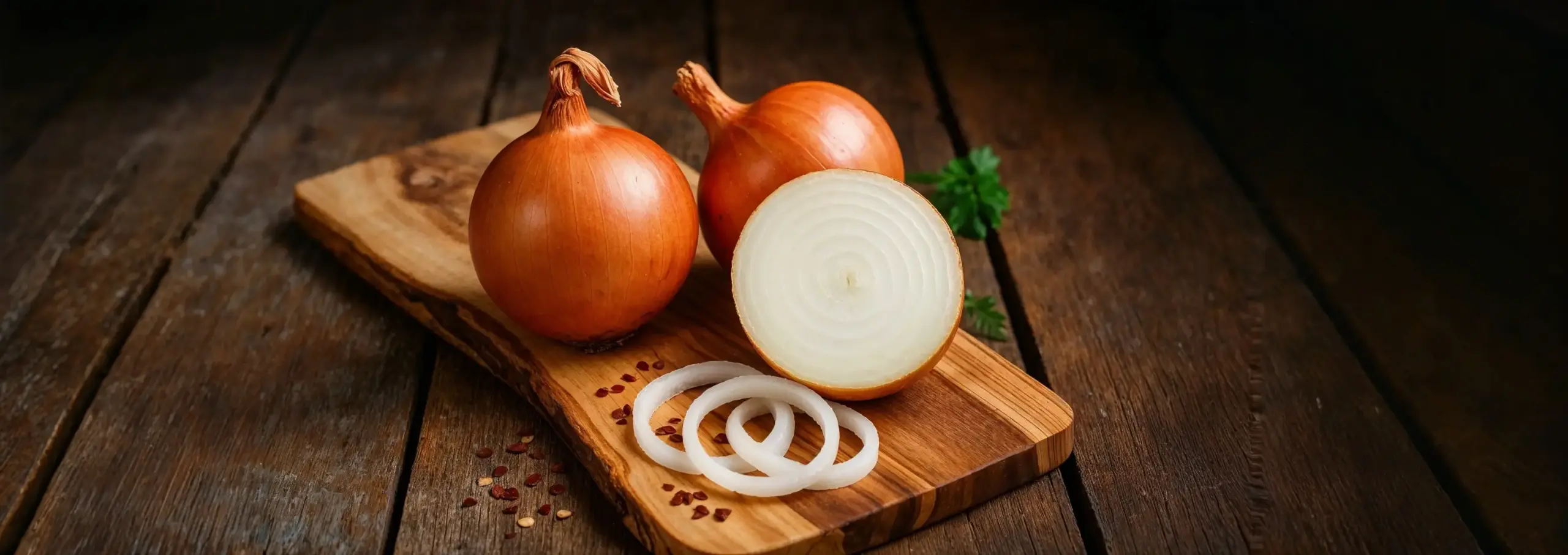 Frische Zwiebeln mit Charakter – handverlesen bei Fritz Hofbeck Goldgelbe Zwiebeln mit sichtbaren Ringen auf Holzbrett – frisch verarbeitet bei Fritz Hofbeck