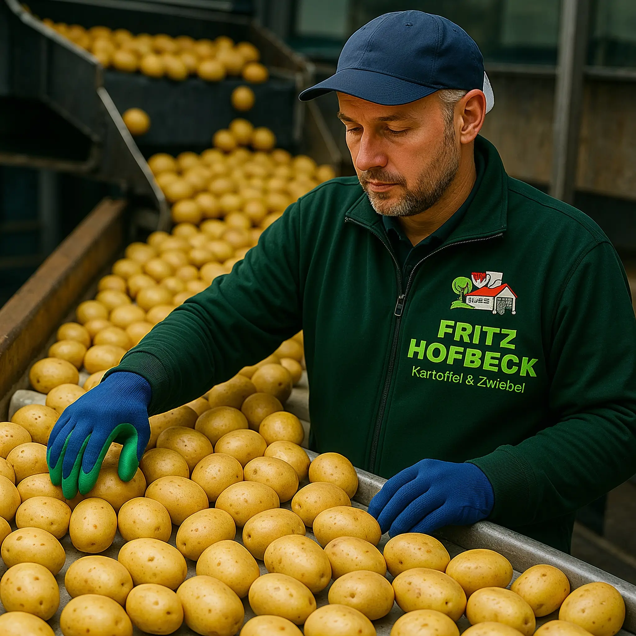 hofbeck-kartoffelverarbeitung-qualitaetskontrolle-2025 Mitarbeiter bei Fritz Hofbeck kontrolliert Kartoffeln auf Förderband, trägt grüne Jacke mit Firmenlogo und blaue Handschuhe