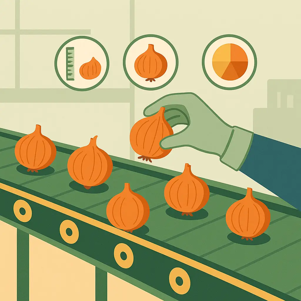 Zwiebeln mit System sortieren – Qualitätskontrolle als Prozess Illustration: Handsortierung von Zwiebeln mit Prüfkriterien – Qualitätsprozess bei Fritz Hofbeck