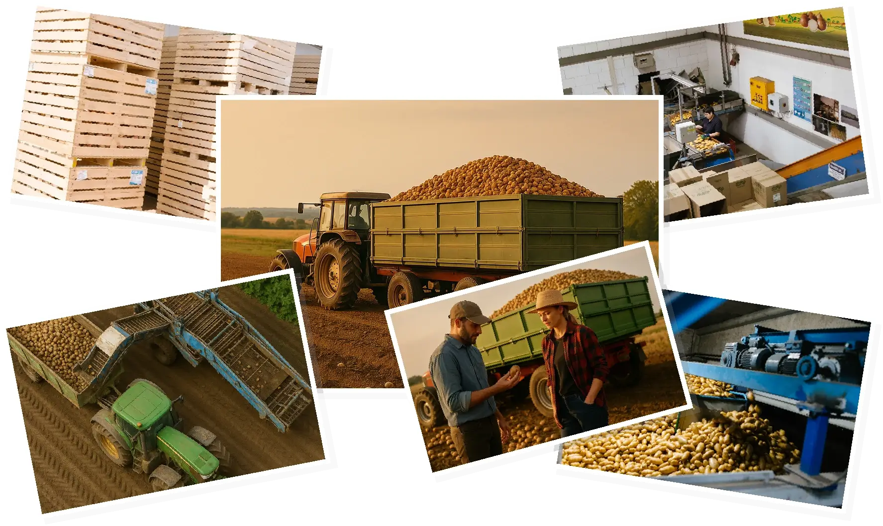Collage mit Stationen der Kartoffelverarbeitung bei Fritz Hofbeck: Traktor mit Anhänger, Mitarbeitende, Maschinen, Verpackung und Lagerung.